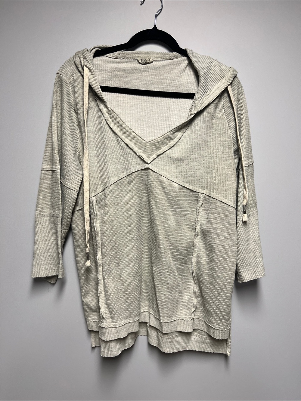POL Light Beige Hooded V-Neck Waffle Knit Pullover